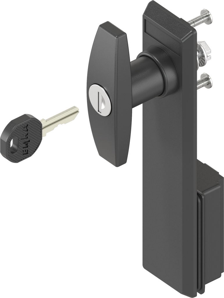 Escutcheon with T-handle, keyed different, Polyamide black and zinc die black powder-coated