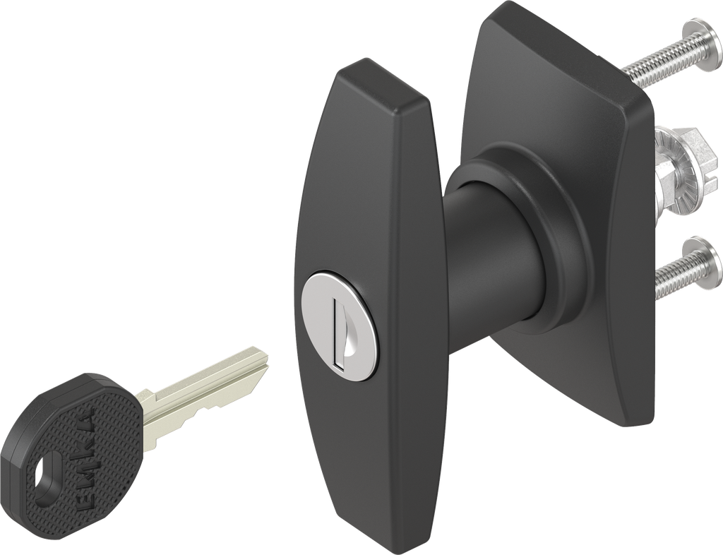 Escutcheon short with T-handle, keyed different, Polyamide black and zinc die black powder-coated